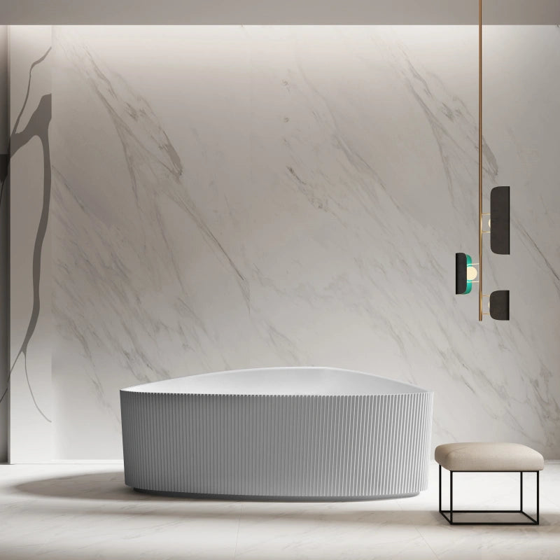 71" MonBlari Acrylic Triangular Bathtub Matte White Freestanding Soaking Tub Fluted
