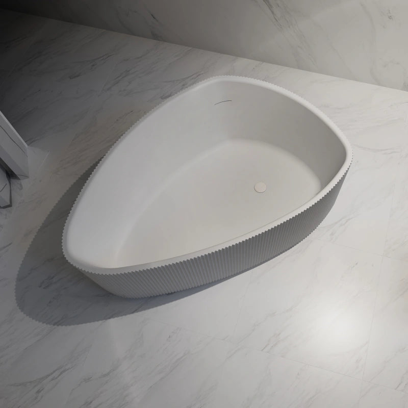 71" MonBlari Acrylic Triangular Bathtub Matte White Freestanding Soaking Tub Fluted