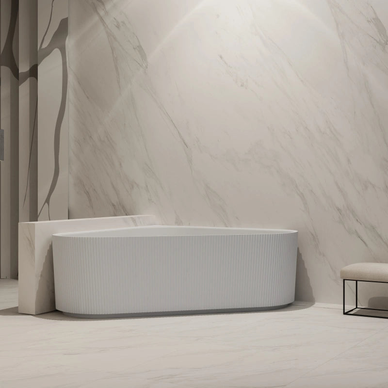 59 Inch MonBlari Matte White Acrylic Corner Bathtub Fluted