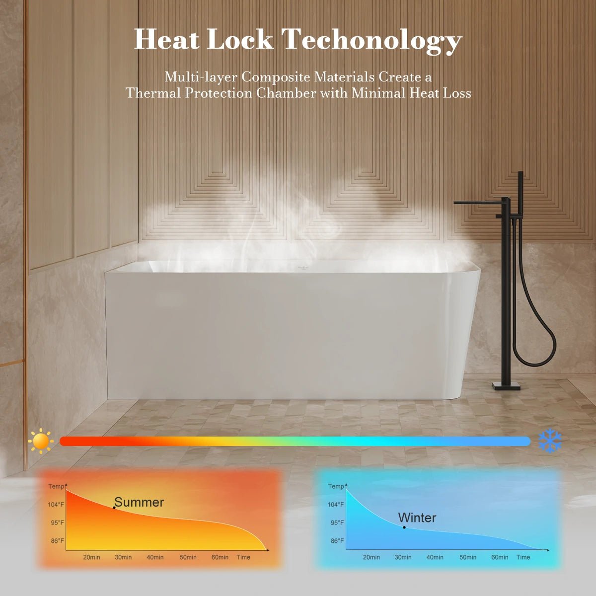 Monblari Acrylic Freestanding Bathtub Rectangular White Tub with Insulation
