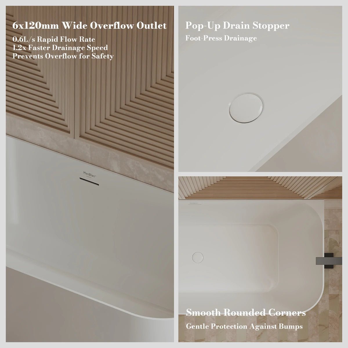 Monblari Acrylic Freestanding Bathtub Rectangular White Tub with Insulation
