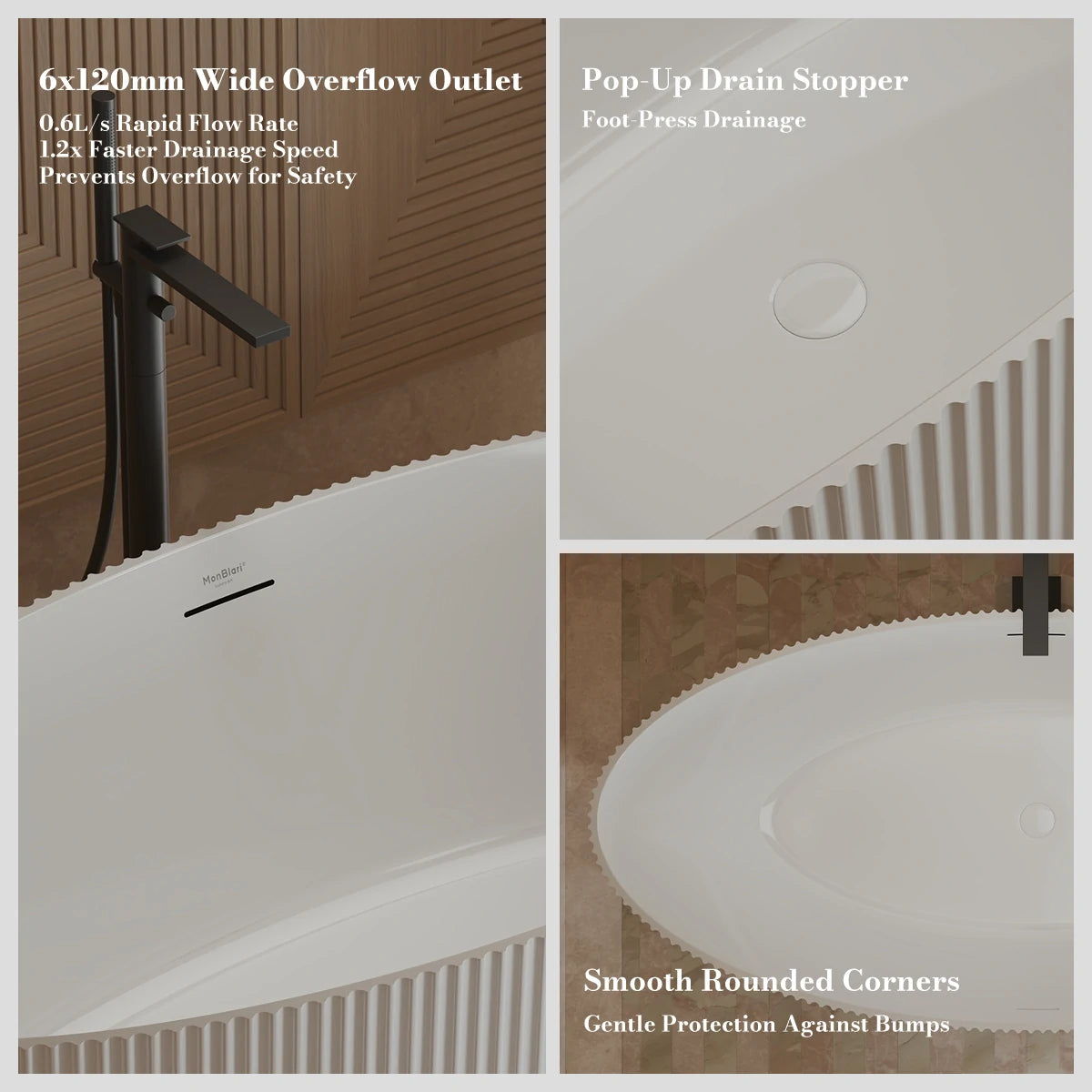 59-71 Inch MonBlari Acrylic Freestanding Bathtub Fluted