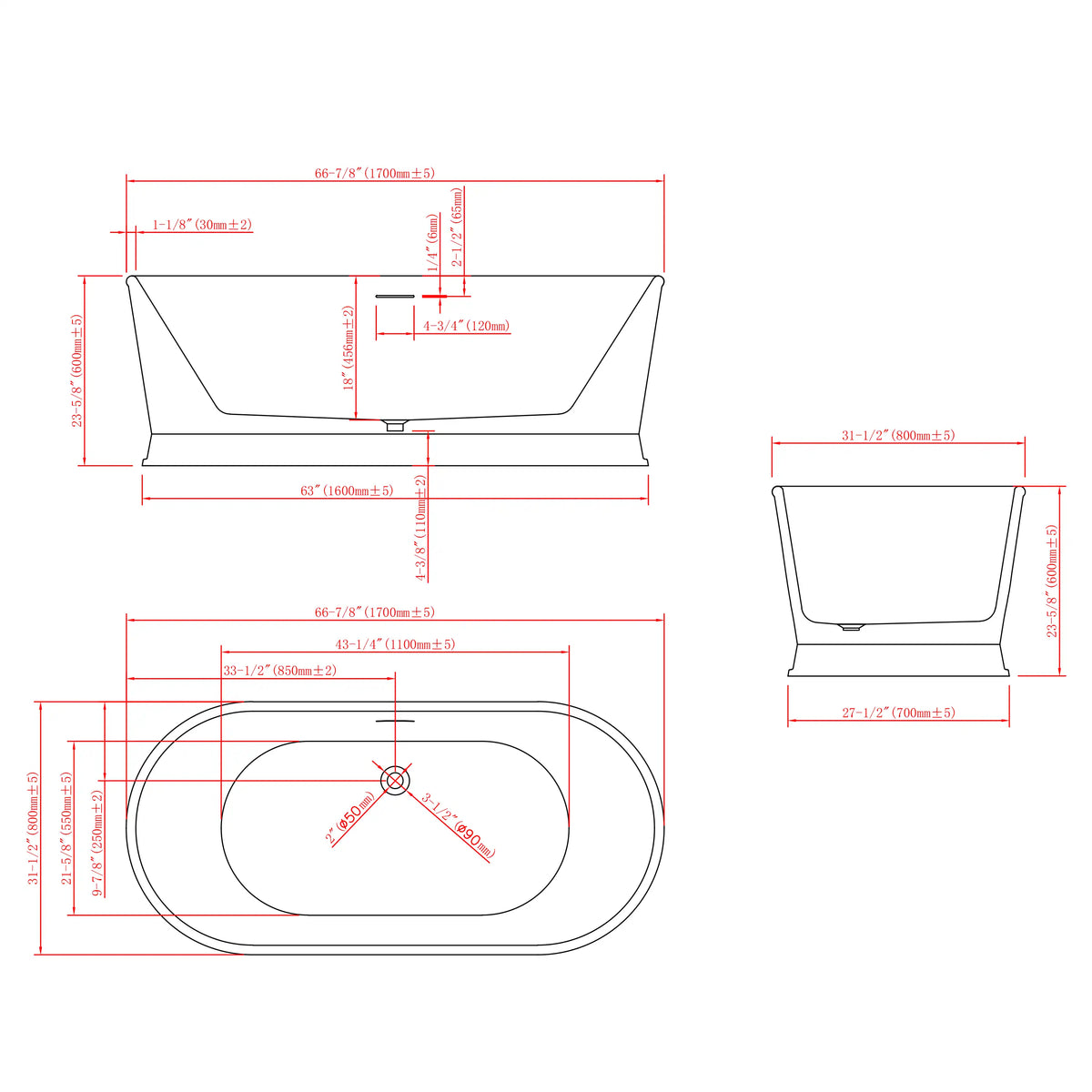 67" MonBlari Acrylic Freestanding Tub Matte White Soaking Bathtub