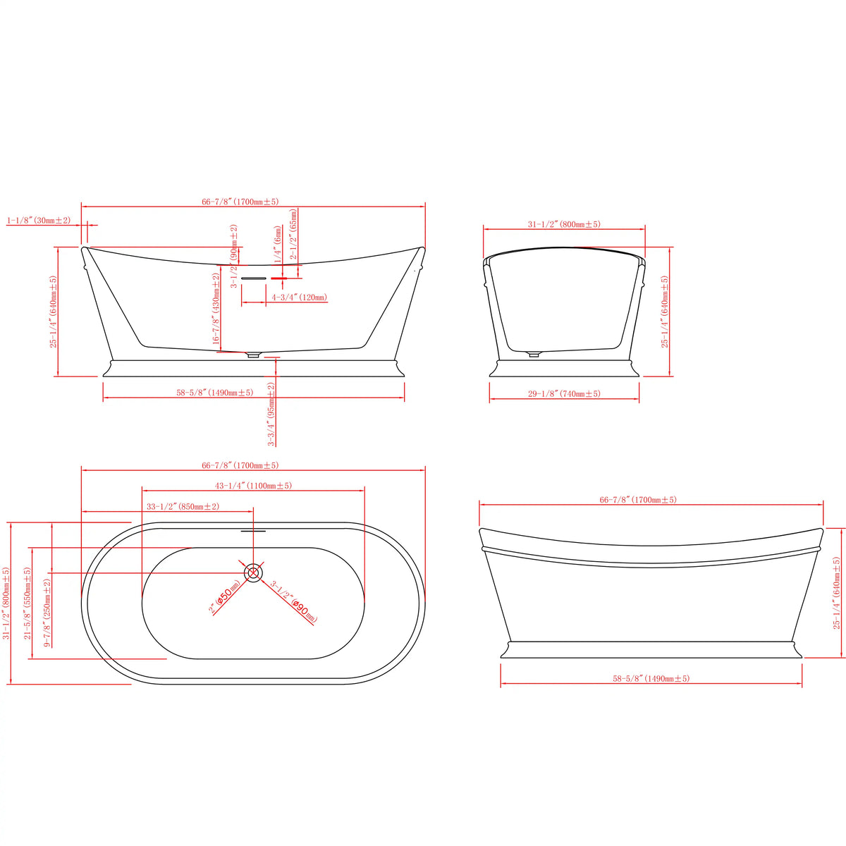 66.9" MonBlari Matte White Double Slipper Soaking Tub Acrylic Freestanding Bathtub