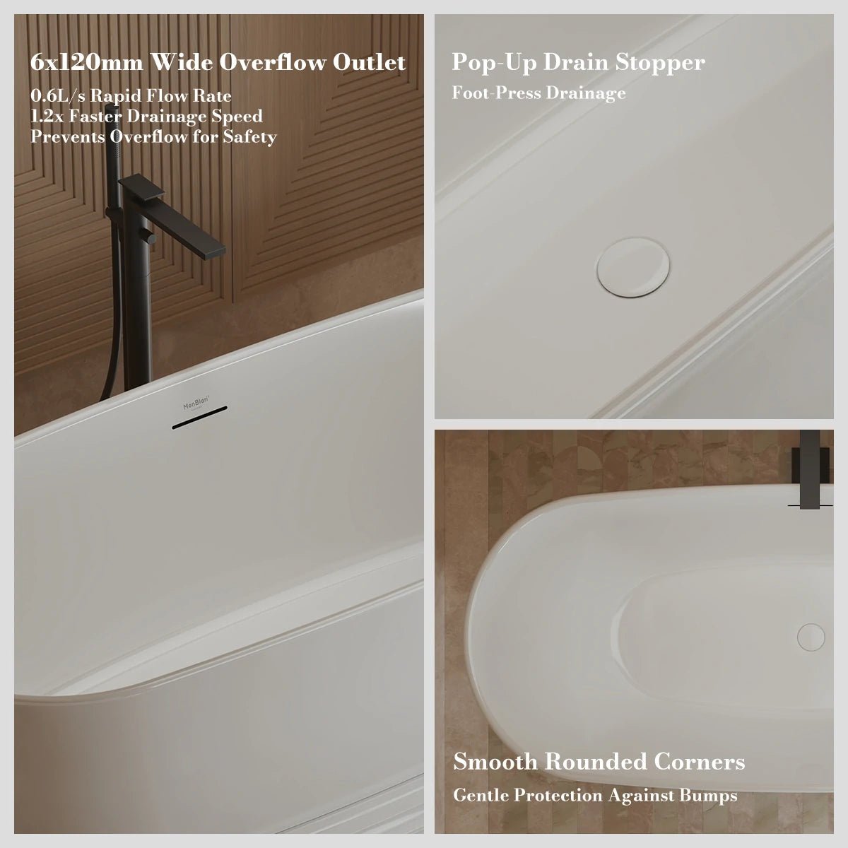 67" Standing Acrylic Soaking Tub with Center Drain