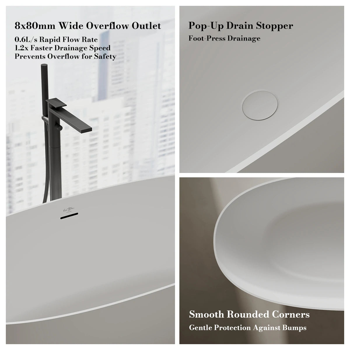 51-71 Inch MonBlari LYRA Solid Surface Freestanding Bathtub