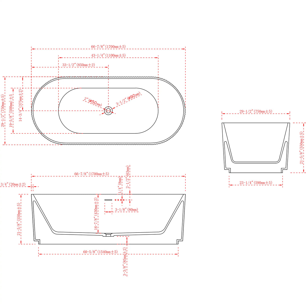 67" MonBlari XS Series Solid Surface Freestanding Bathtub Soaking Tub Fluted