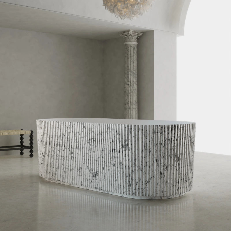 67 Inch MonBlari Solid Surface Freestanding Bathtub Silver Leaf Finish Soaking Tub Fluted