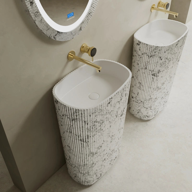 21.7 Inch MonBlari Solid Surface Pedestal Sink with Metallic Silver Leaf Finish Fluted