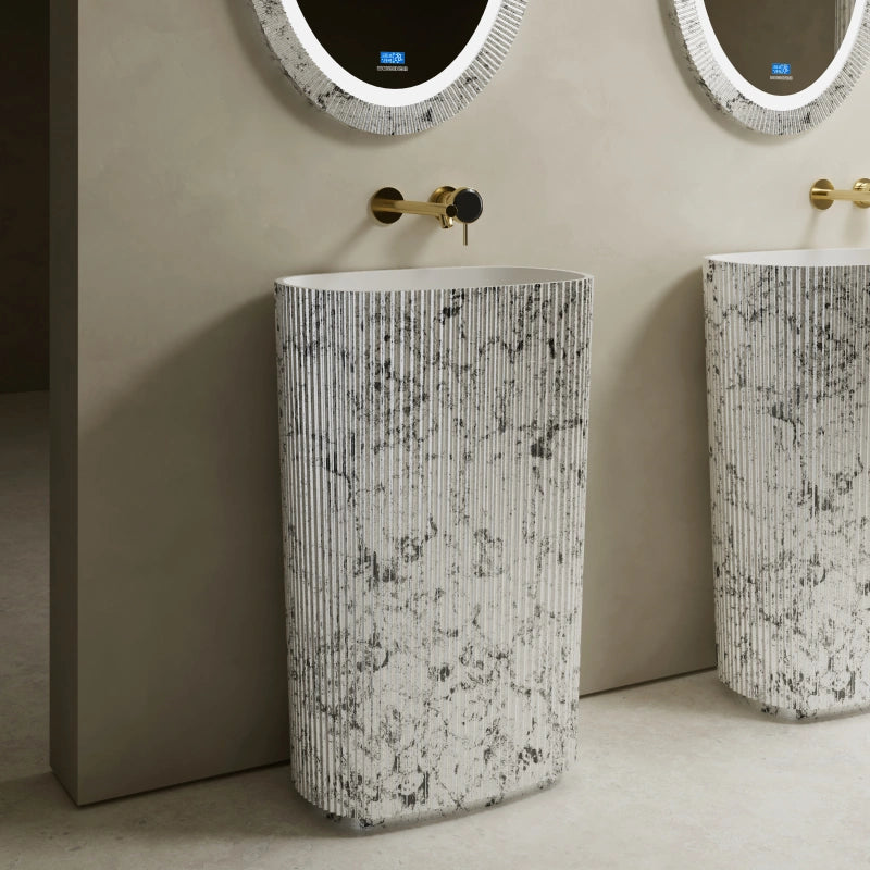 21.7 Inch MonBlari Solid Surface Pedestal Sink with Metallic Silver Leaf Finish Fluted