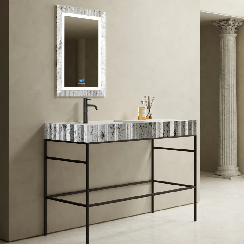 35.4-47.2 Inch MonBlari Luxury Silver Finish Vessel Sink Solid Surface Bathroom Sink Fluted