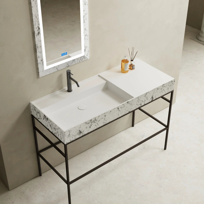 35.4-47.2 Inch MonBlari Luxury Silver Finish Vessel Sink Solid Surface Bathroom Sink Fluted