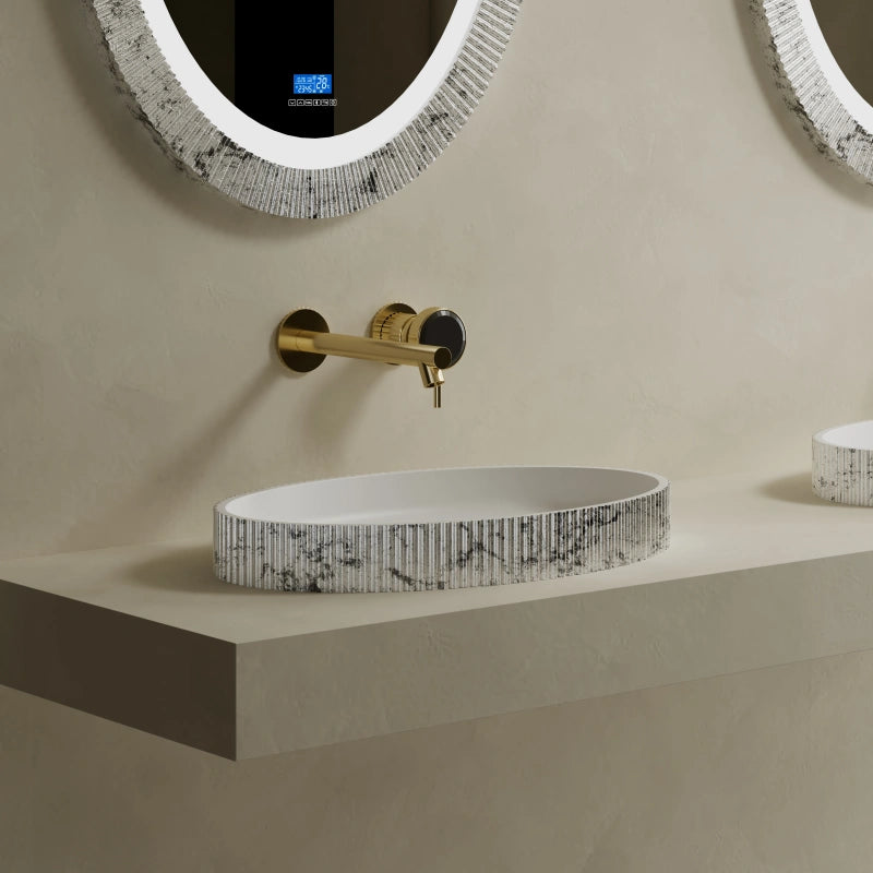 19.7 Inch MonBlari  Solid Surface Vessel Sink Silver Leaf Bathroom Sink Fluted