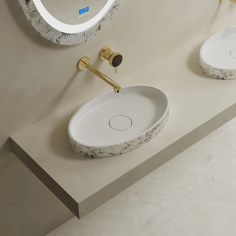 19.7 Inch MonBlari  Solid Surface Vessel Sink Silver Leaf Bathroom Sink Fluted