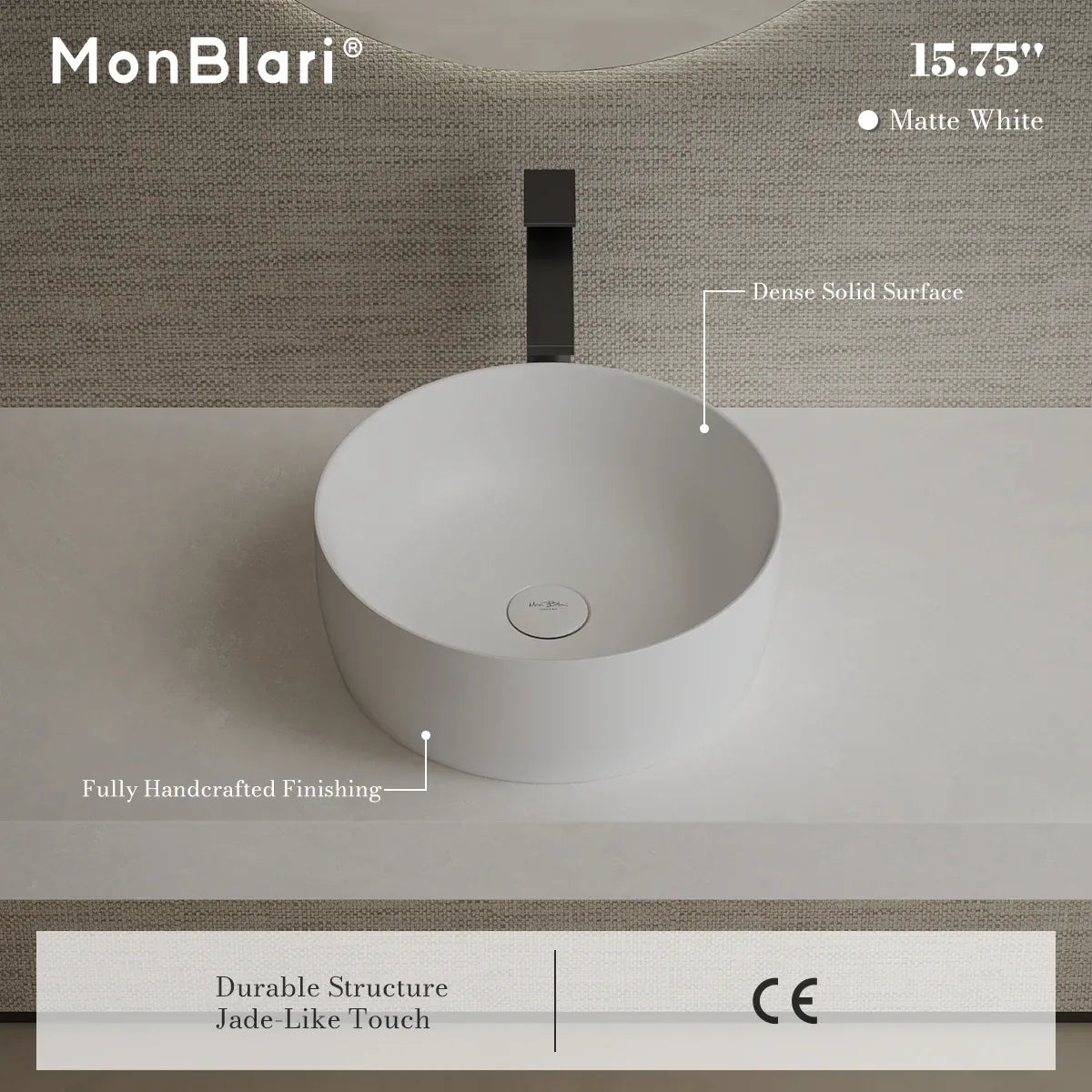 15.7 Inch MonBlari CANVA SERIES Solid Surface Vessel Bowl Sink Bathroom Sink