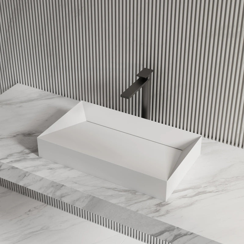 MonBlari Solid Surface Matte White Rectangular Bathroom Vessel Sink