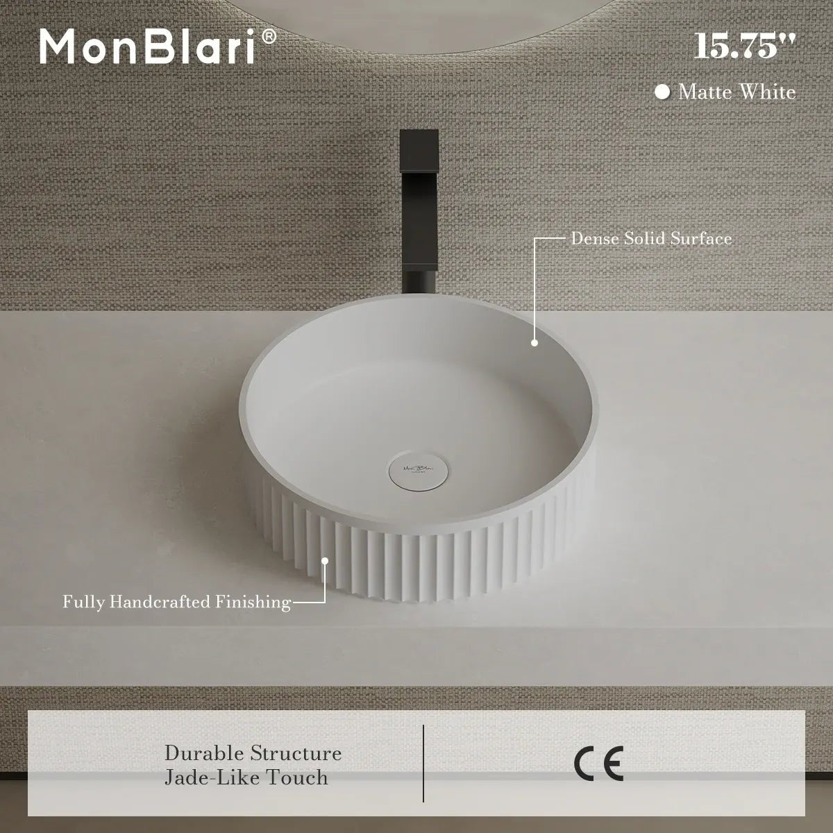 15.7 Inch MonBlari VENUS SERIES Solid Surface Vessel Bowl Sink Bathroom Sink