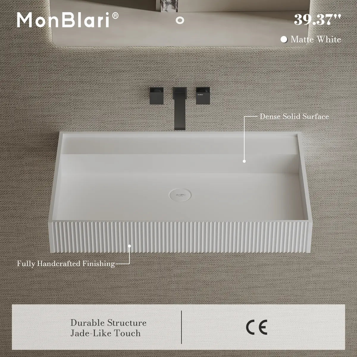39 Inch MonBlari Solid Surface Wall Mount Bathroom Sink