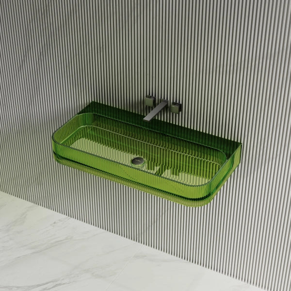 30"-47" MonBlari Resin Clear Green Vessel Sink Bathroom Wall Mount Sink Fluted