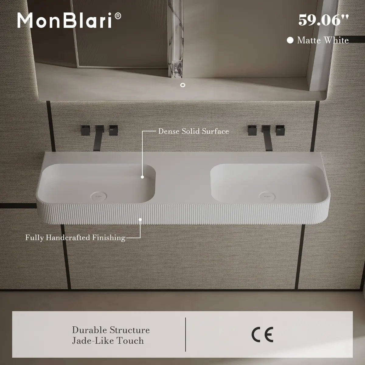 59.1 inch MonBlari Solid Surface Wall Mount Sink Bathroom Wash Basin