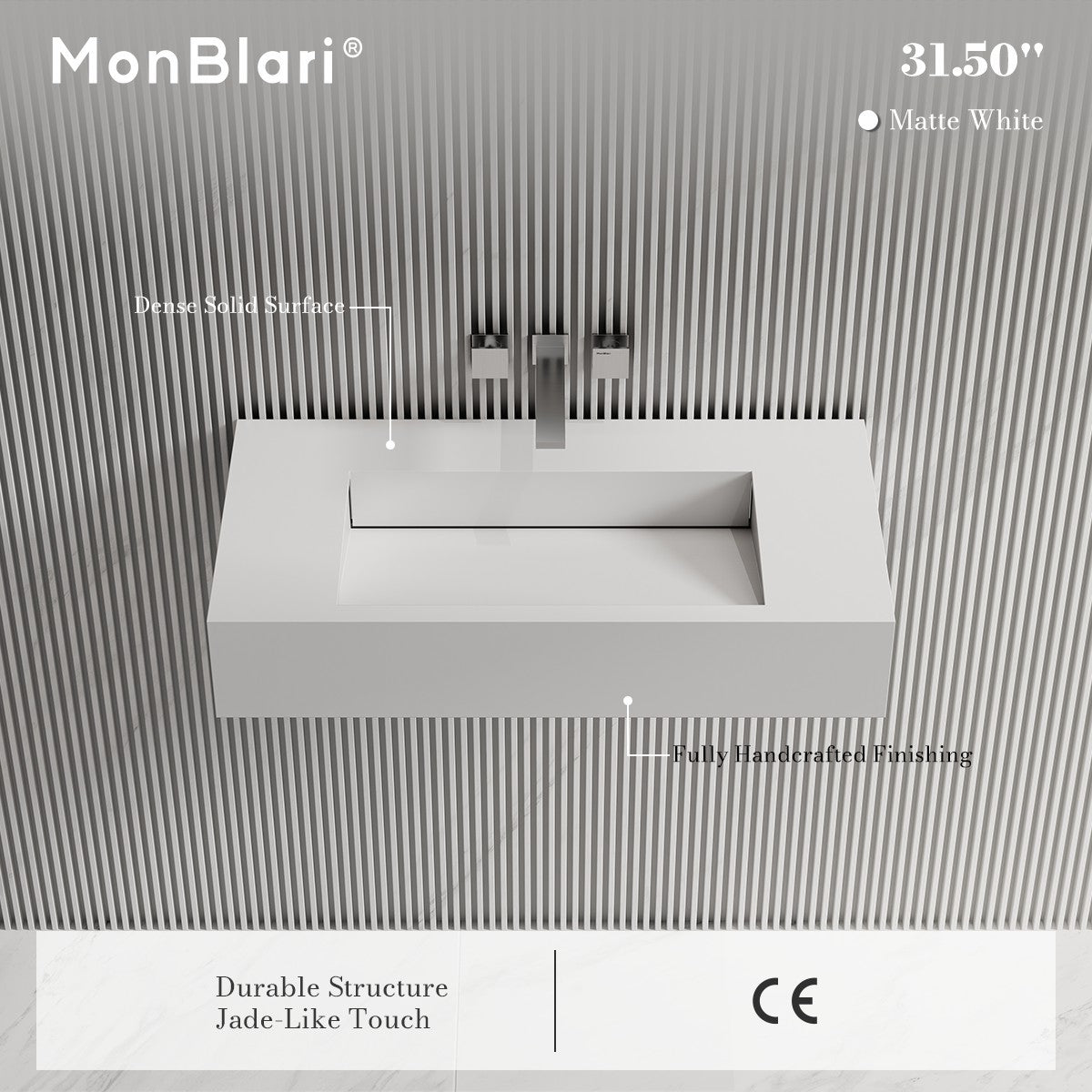 31.5 Inch MonBlari SERENE SERIES Solid Surface Wall Mount Sink Bathroom Sink