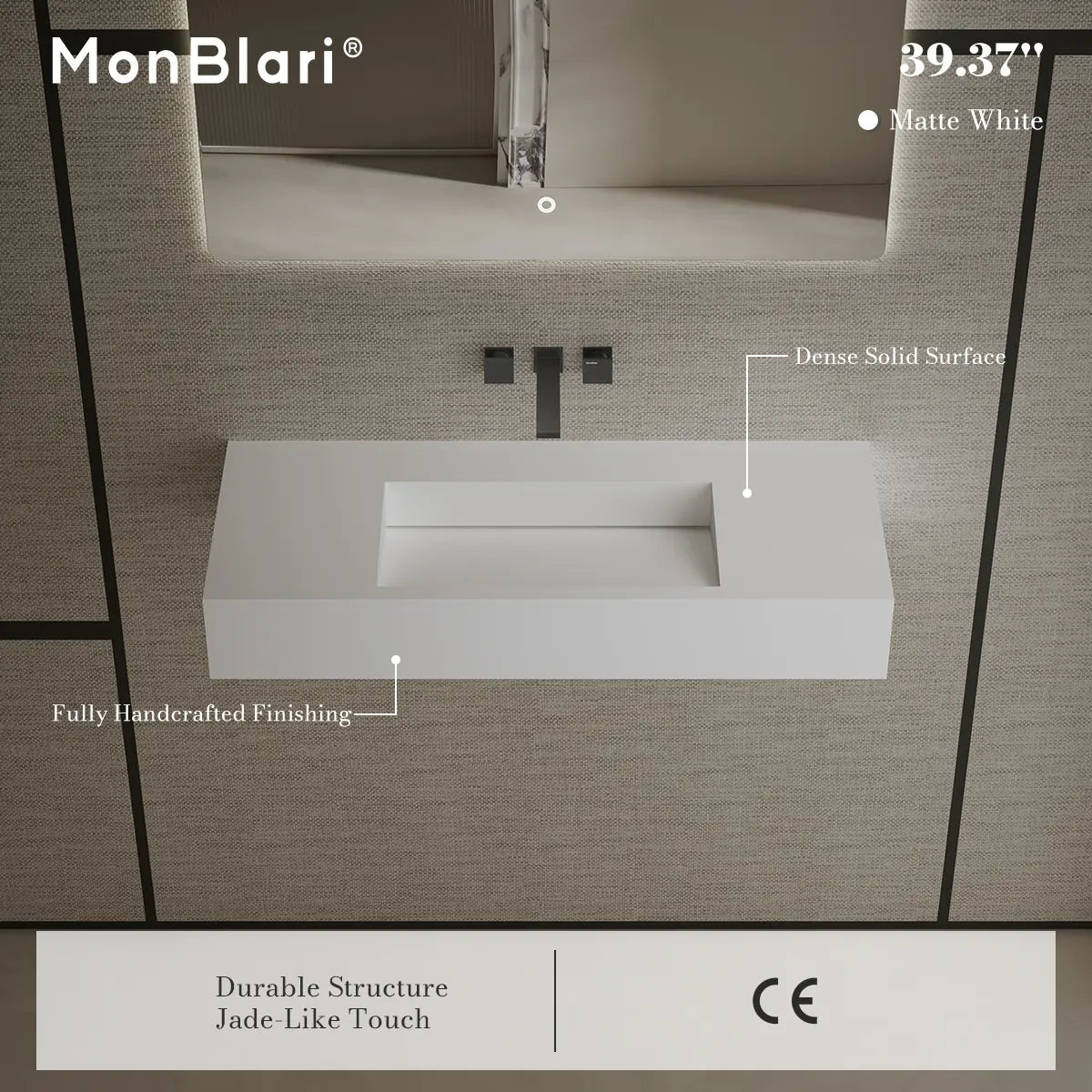 39.4 Inch MonBlari Solid Surface Vessel Bathroom Sink Wall Mount Sink
