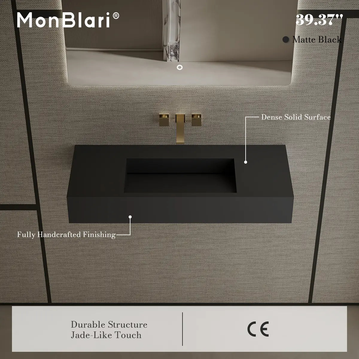 39.4 Inch MonBlari Solid Surface Vessel Bathroom Sink Wall Mount Sink