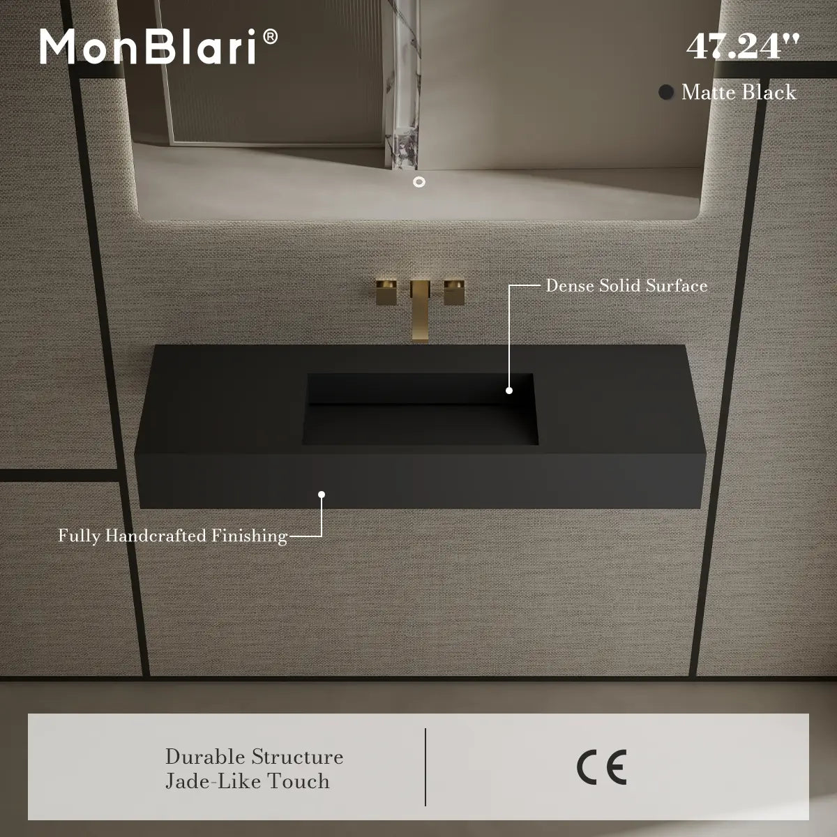 47.2 Inch MonBlari Solid Surface Wall Mount Sink Bathroom Sink