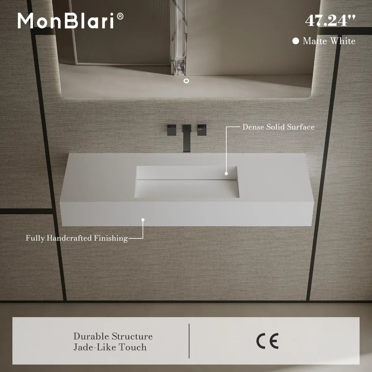 47.2 Inch MonBlari Solid Surface Wall Mount Sink Bathroom Sink