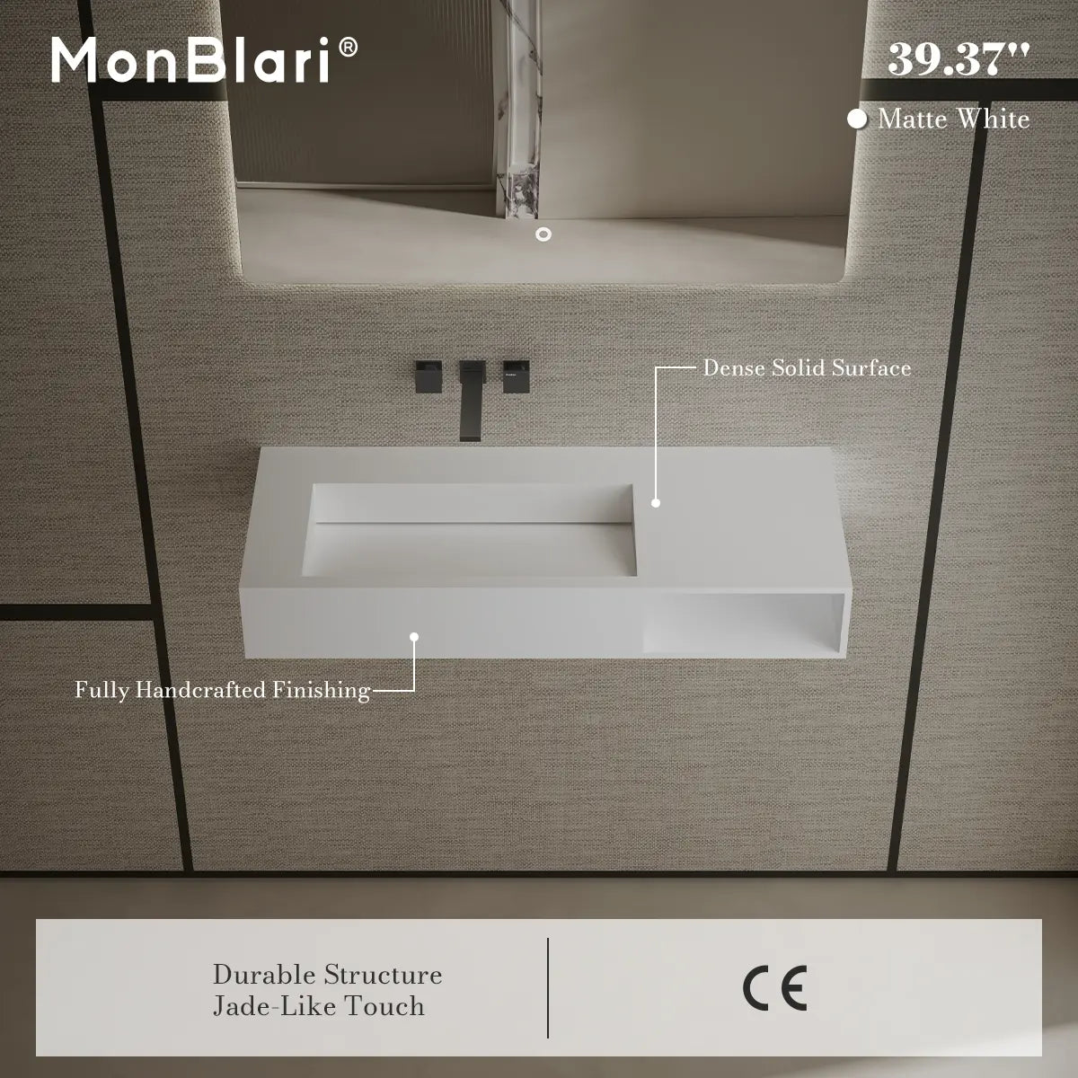 39.4 inch MonBlari Solid Surface Wall Mounted Bathroom Sink