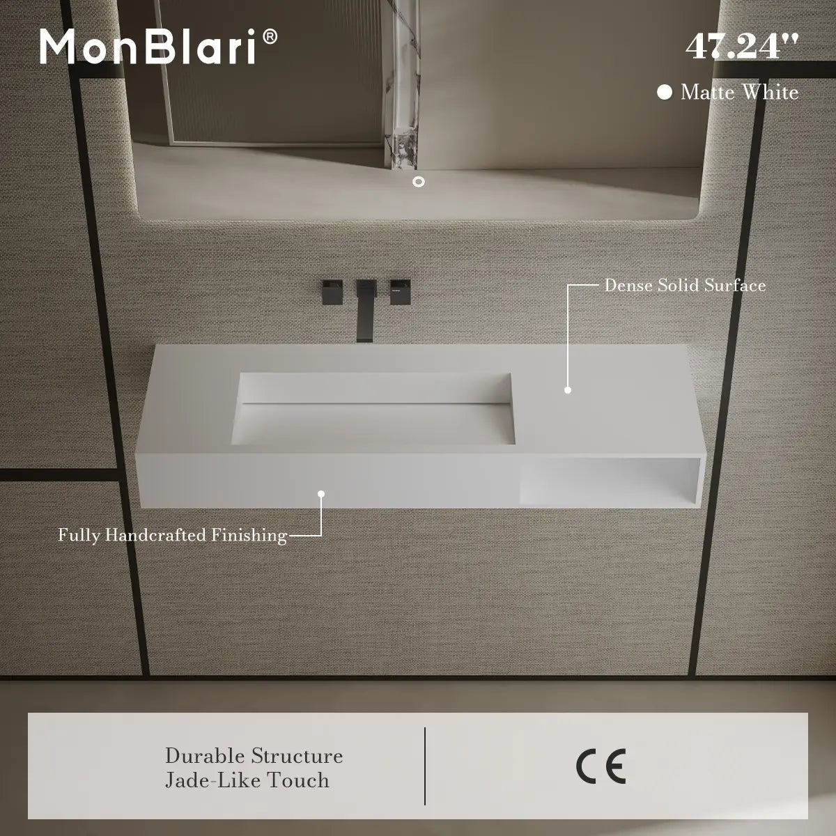 47.2 inch MonBlari Solid Surface Wall Mounted Vessel Bathroom Sink