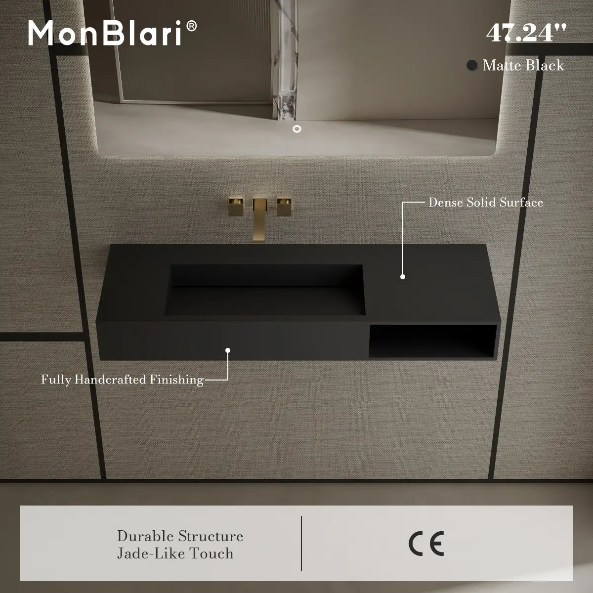47.2 inch MonBlari Solid Surface Wall Mounted Vessel Bathroom Sink