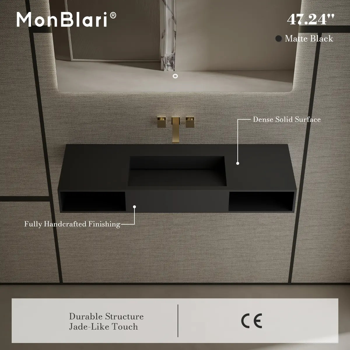 47.2 inch MonBlari Solid Surface Wall Mount Vessel Sink Bathroom Sink