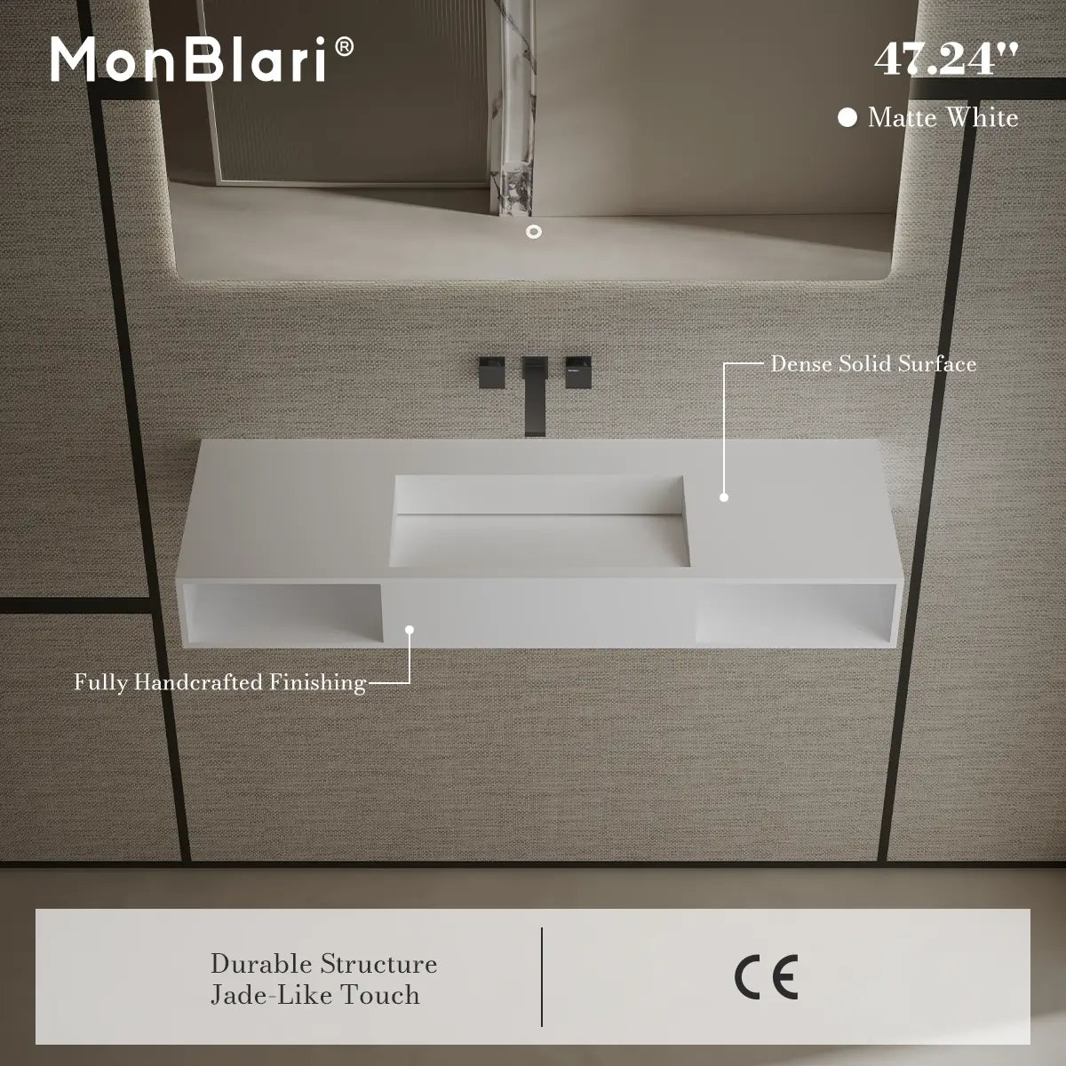 47.2 inch MonBlari Solid Surface Wall Mount Vessel Sink Bathroom Sink