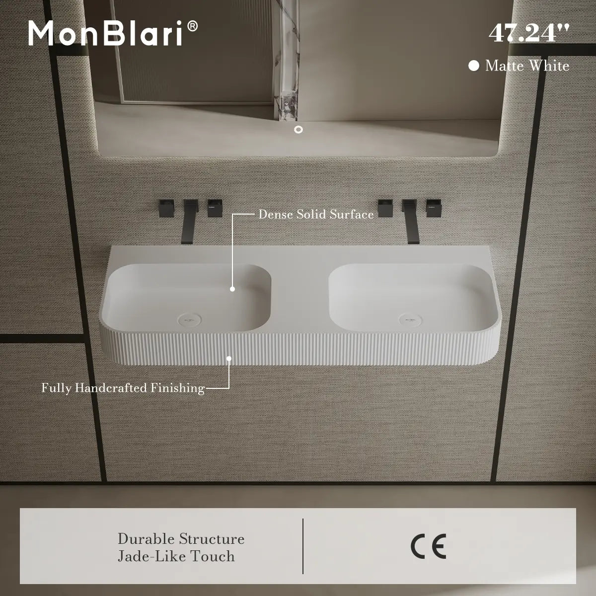 47.2 Inch MonBlari Solid Surface Vessel Sink Wall Mount Sink for Bathroom