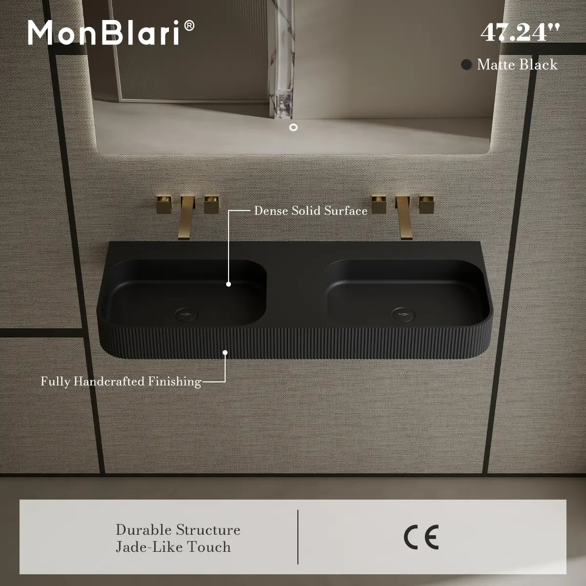 47.2 Inch MonBlari Solid Surface Vessel Sink Wall Mount Sink for Bathroom