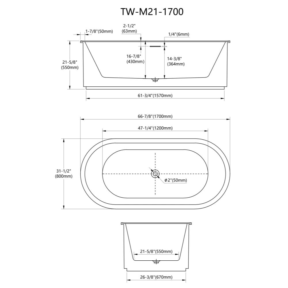 66 Inch MonBlari Oval Freestanding Soaking Bathtub Matte White Acrylic Tub