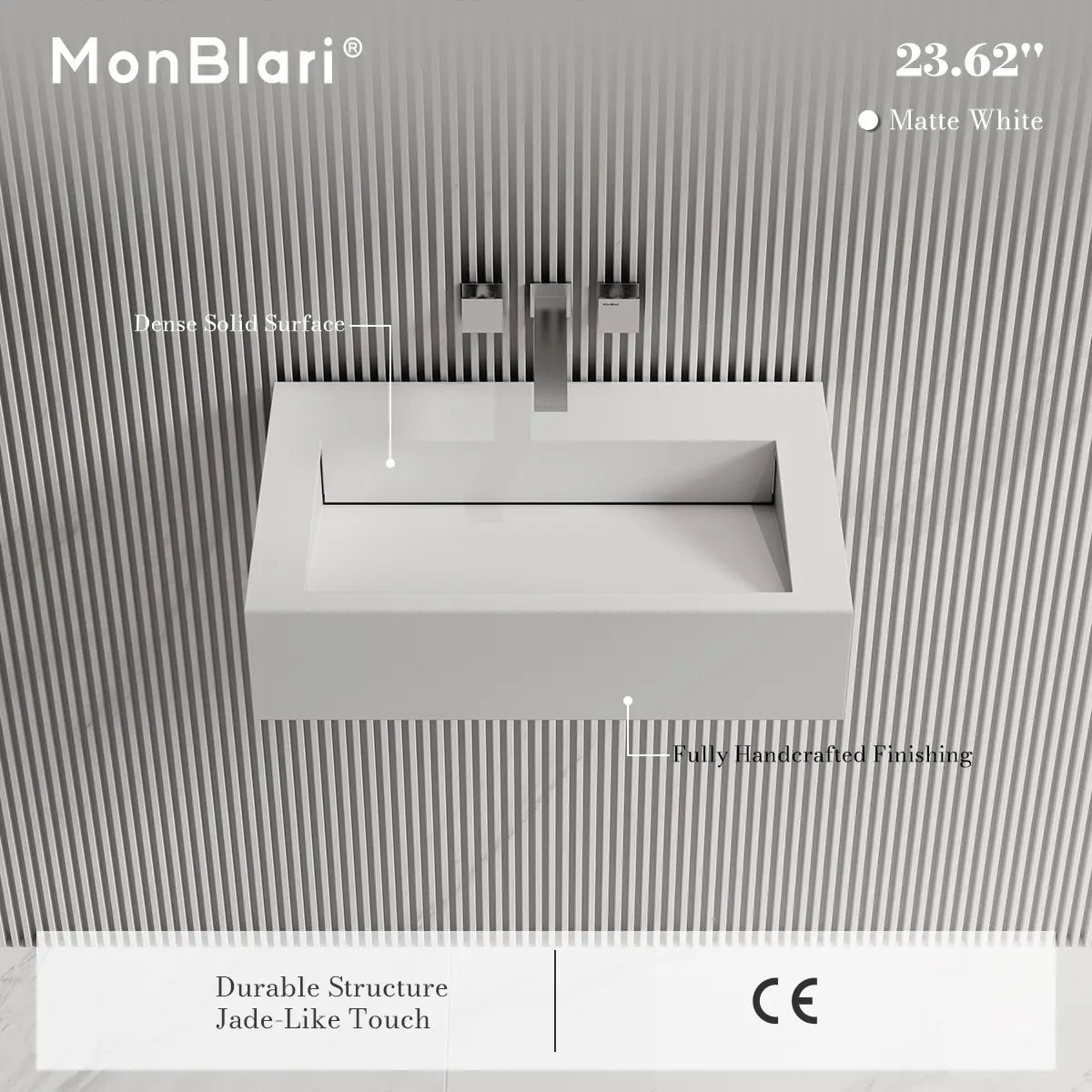23.6 Inch MonBlari Solid Surface Bathroom Vessel Sink Wall Mounted Sink