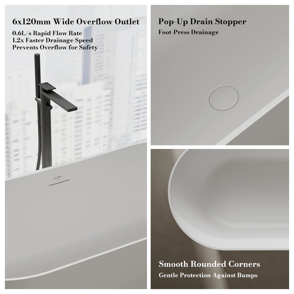Monblari Solid Surface Oval Freestanding Soaking Bathtub