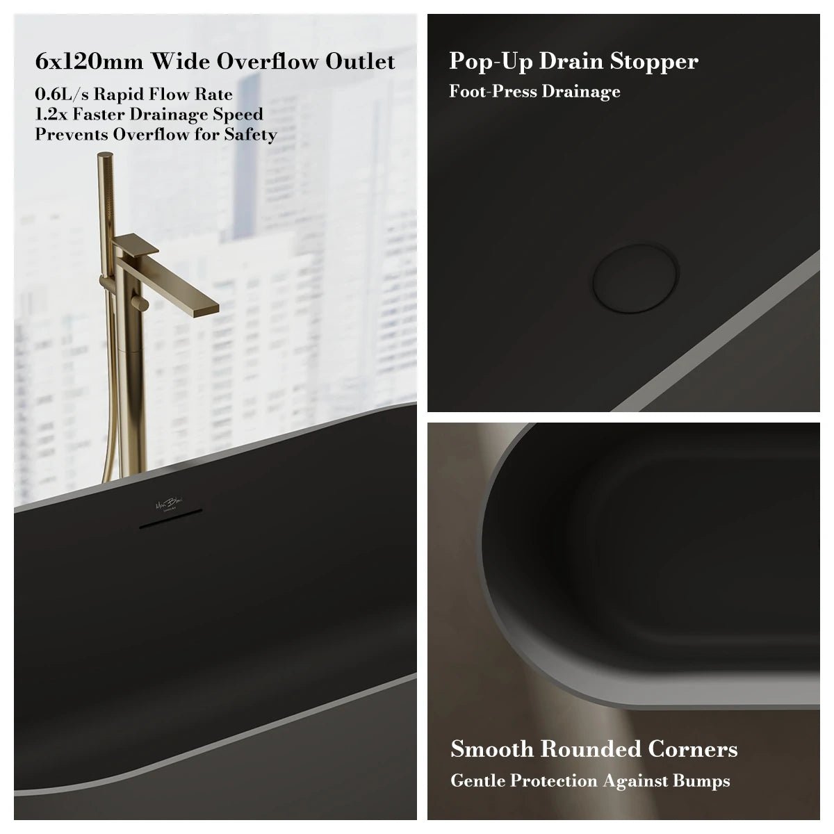 Monblari Solid Surface Oval Freestanding Soaking Bathtub