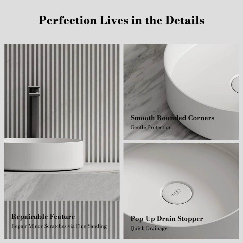 14.2 Inch MonBlari Round Solid Surface Vessel Bowl Sink for Bathroom