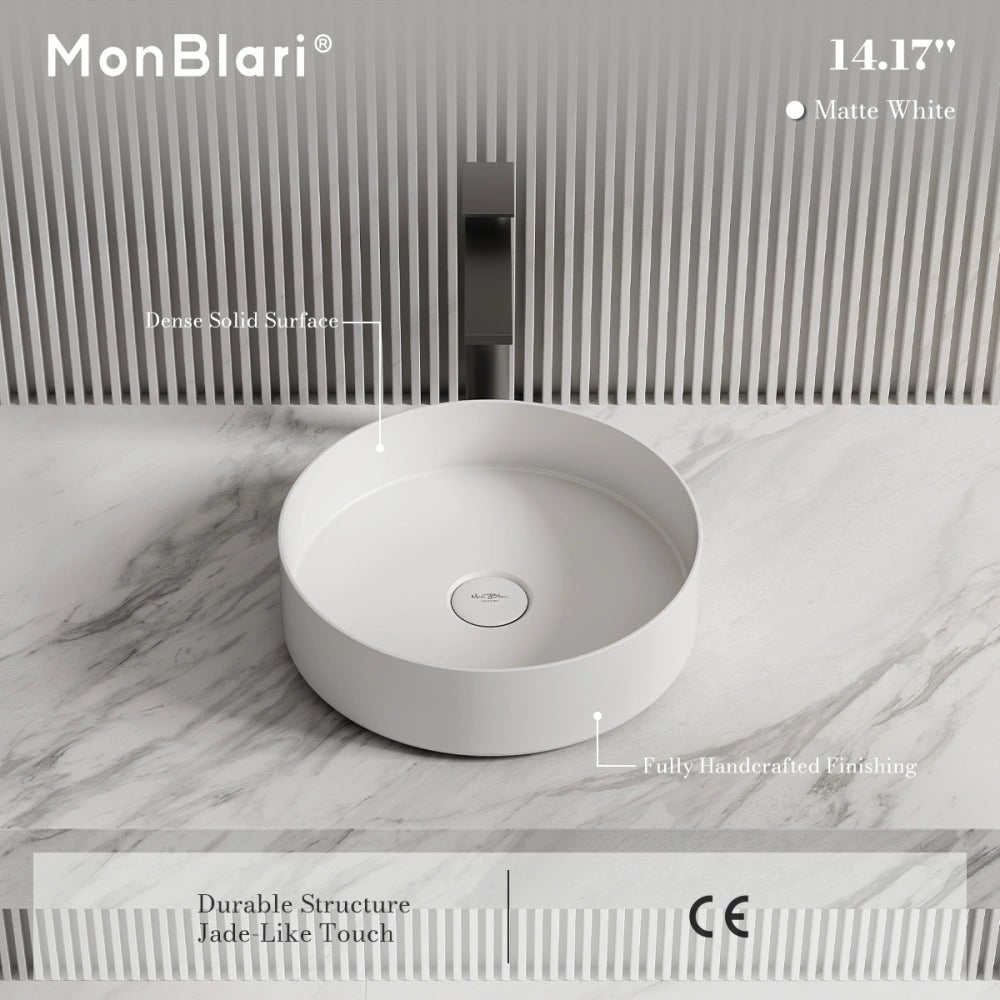 14.2 Inch MonBlari Round Solid Surface Vessel Bowl Sink for Bathroom