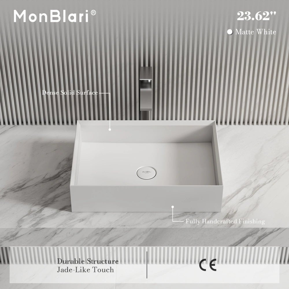 24 Inch MonBlari Rectangular Solid Surface Vessel Bowl Bathroom Sink