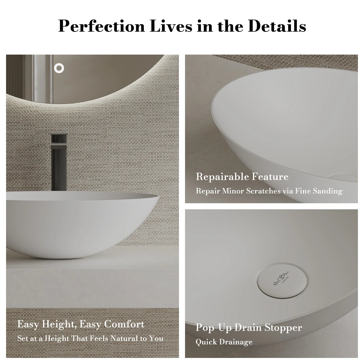19.7 Inch MonBlari ORION SERIES Solid Surface Vessel Bowl Sink Bathroom Sink