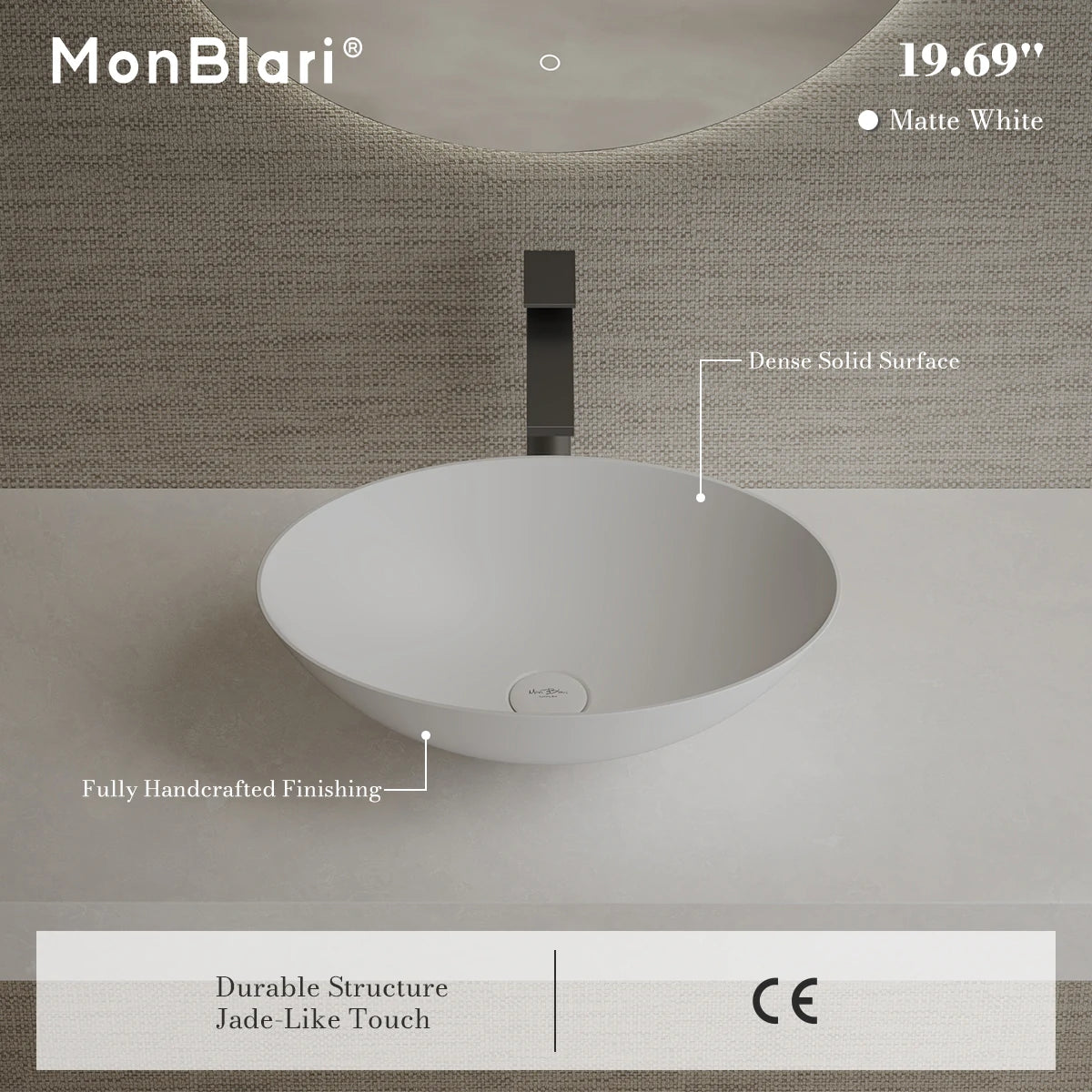 19.7 Inch MonBlari ORION SERIES Solid Surface Vessel Bowl Sink Bathroom Sink