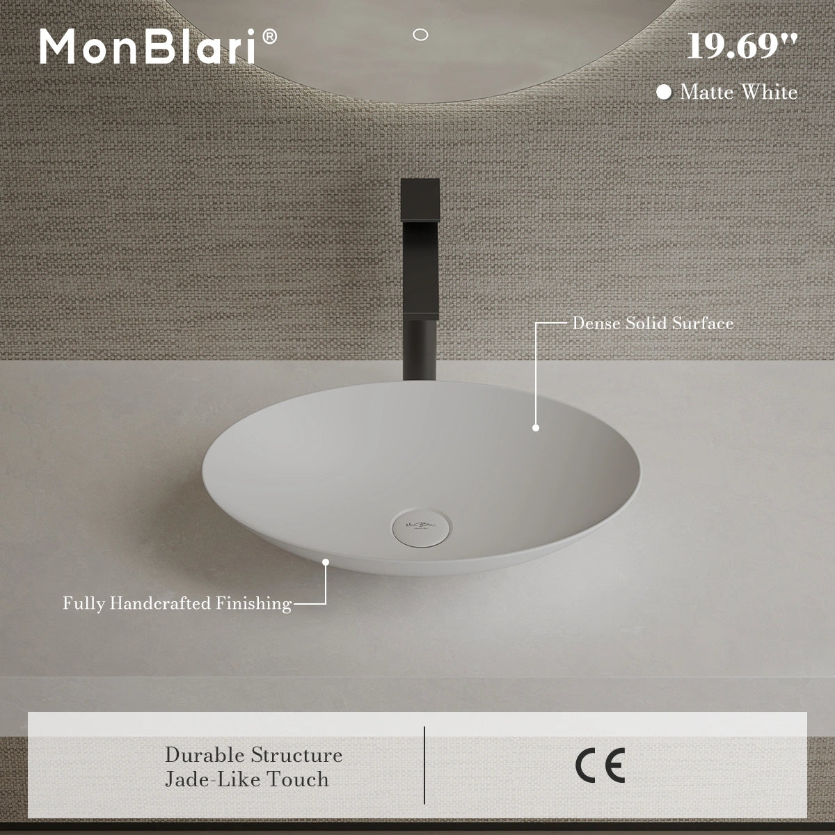 19.7 Inch MonBlari VERVE SERIES Solid Surface Vessel Bowl Sink Bathroom Sink