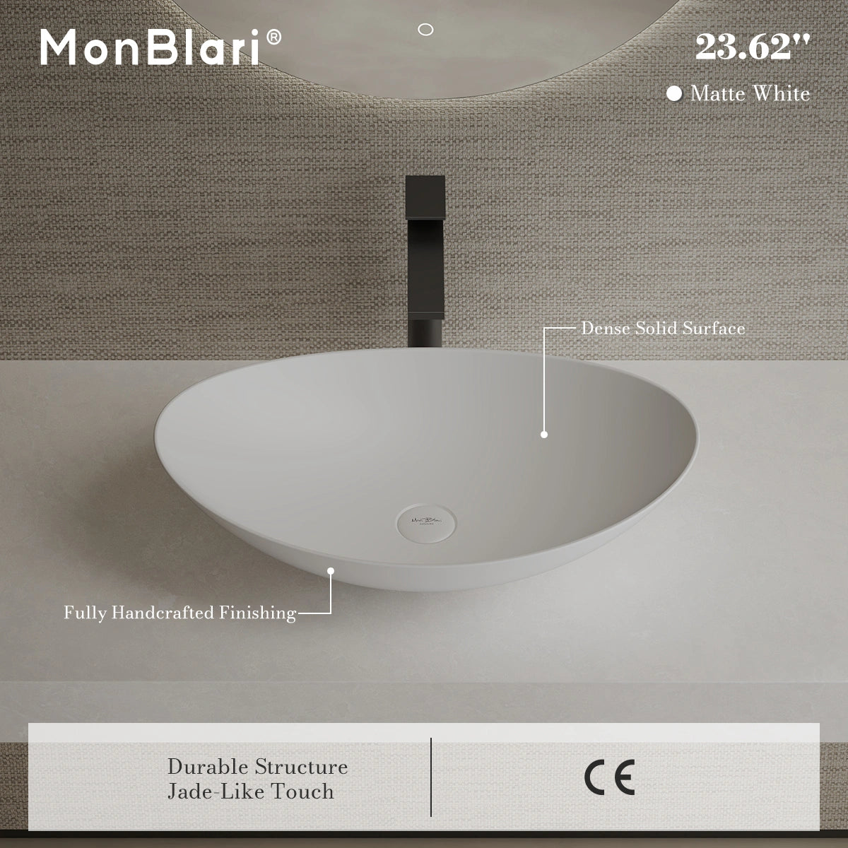 24 Inch MonBlari Solid Surface Vessel Bowl Sink Bathroom Sink