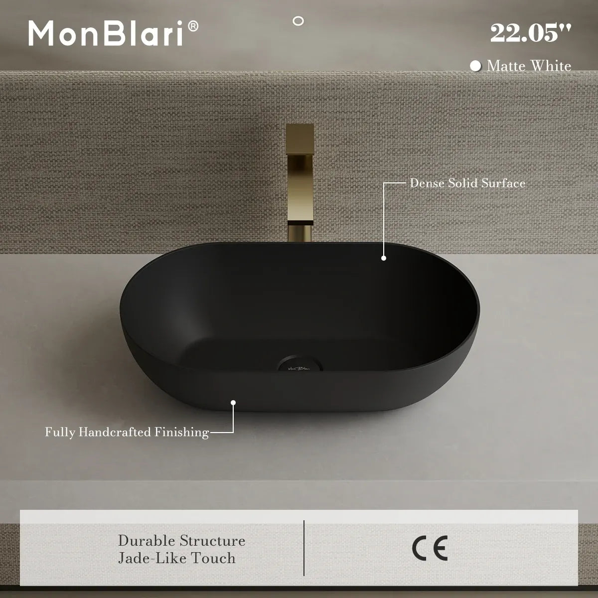 22 Inch MonBlari Solid Surface Vessel Bowl Sink Bathroom Sink