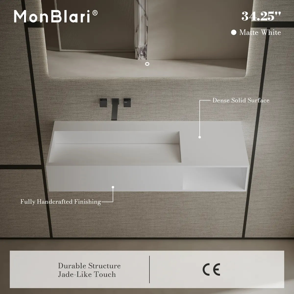 34.3-47.2 Inch Solid Surface Wall Mount Sink Bathroom Sink