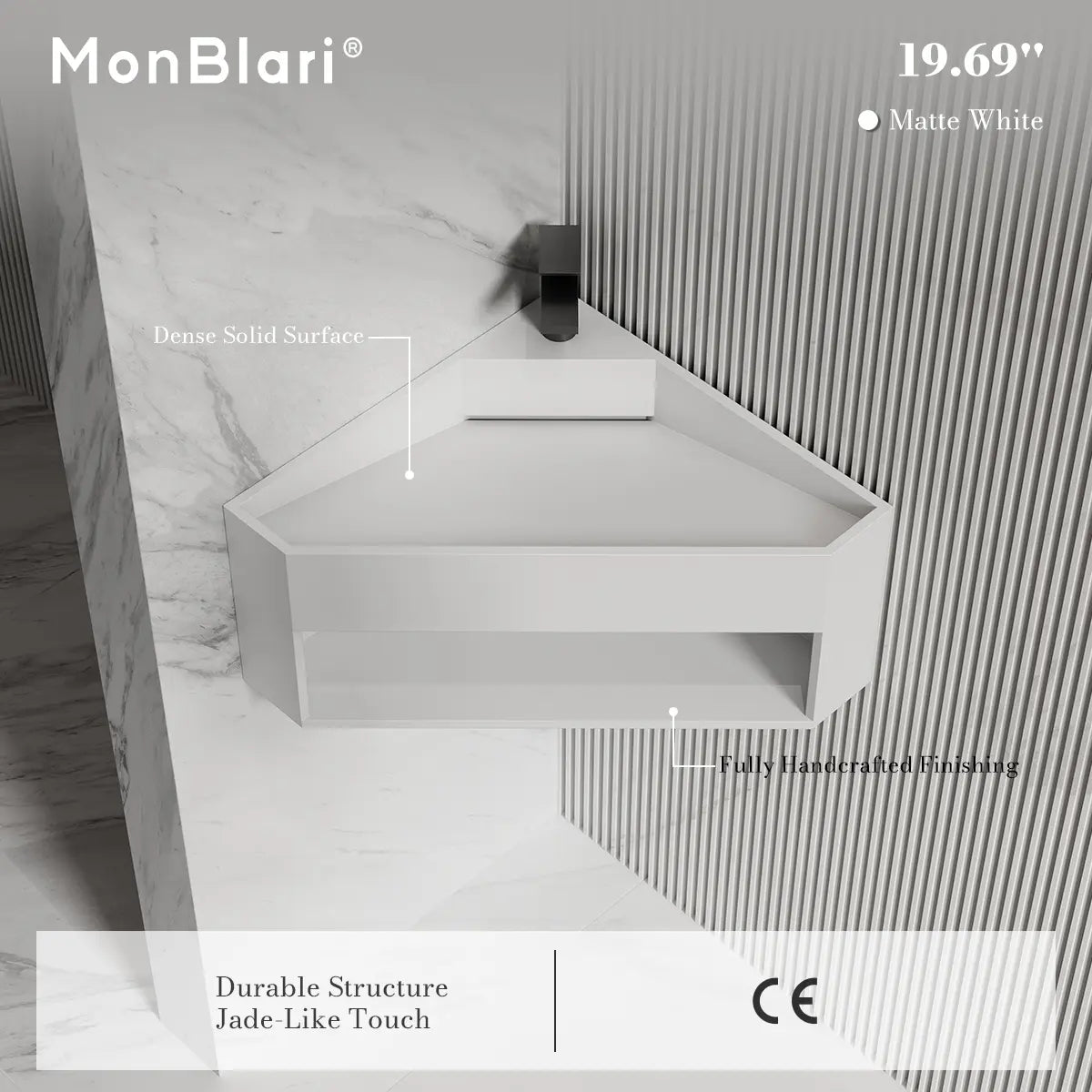 19.7 Inch MonBlari ORBIT SERIES Solid Surface Wall Mount Sink Vessel Bathroom Sink